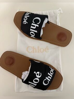Chloé Logo Slides Sandals Black Size 38 Canvas Strap Designer